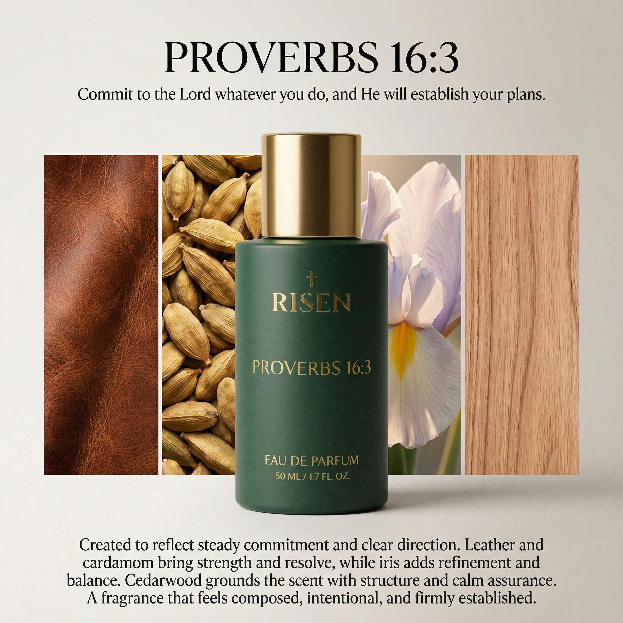 Aspect ratio: 1:1 square
Use uploaded image as STRICT visual reference

CORE INSTRUCTION

Use the uploaded Risen Fragrances bottle image as a STRICT VISUAL LOCK REFERENCE.

The bottle in the final image must be visually indistinguishable from the reference bottle in:

shape

proportions

height and width

matte finish

rounded cylindrical body

flat base

opaque material (NOT glass, NOT translucent)

metallic gold cylindrical cap

cap height and diameter

label placement and alignment

typography size, weig